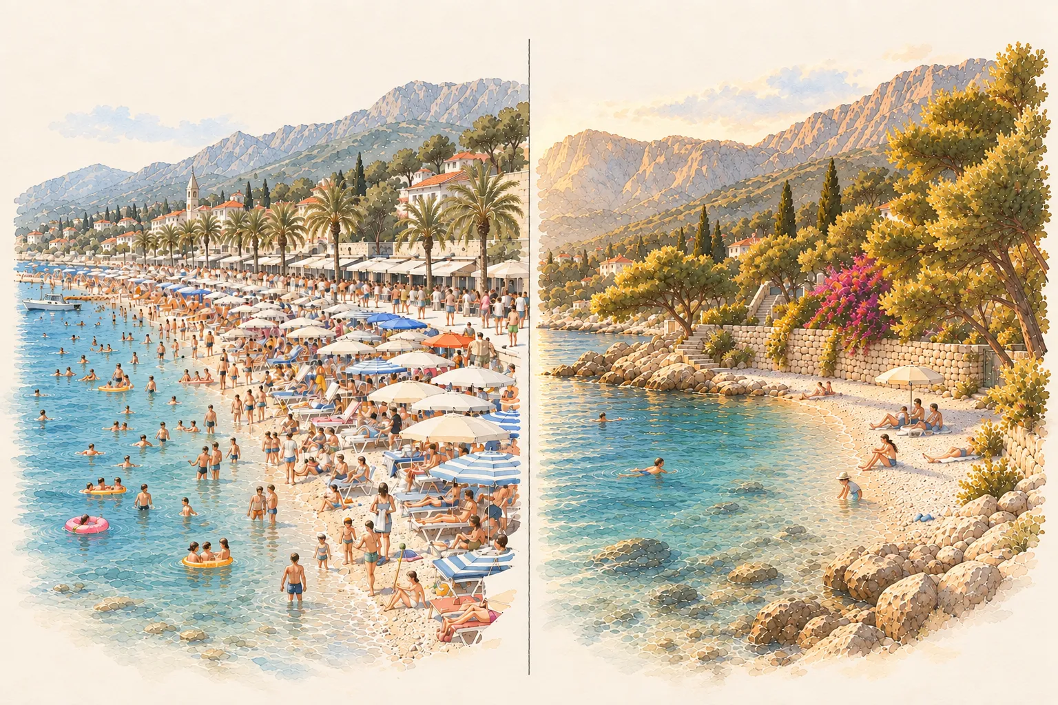 Two sides of the Makarska Riviera in August. On the left, a busy resort beach packed towel to towel. On the right, a quiet pebble cove in Brist with pine shade, a dry-stone wall and plenty of room.