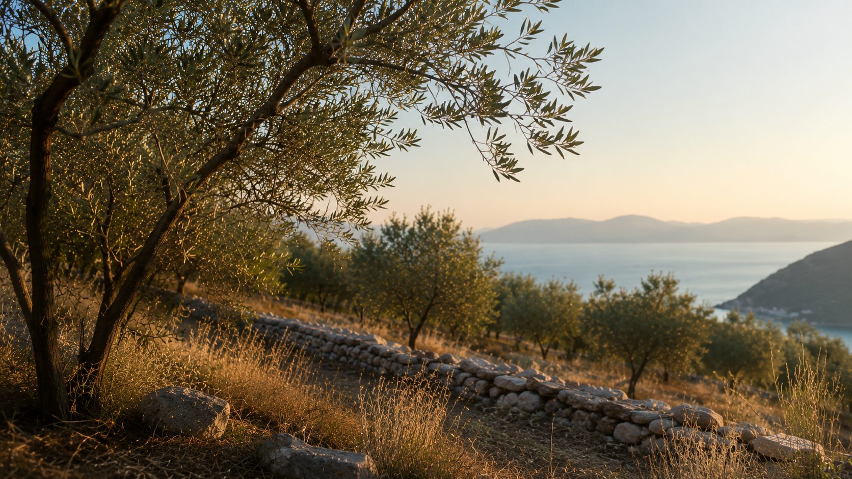 Old olive trees on a sun-warmed hillside above the Adriatic in Brist at golden hour