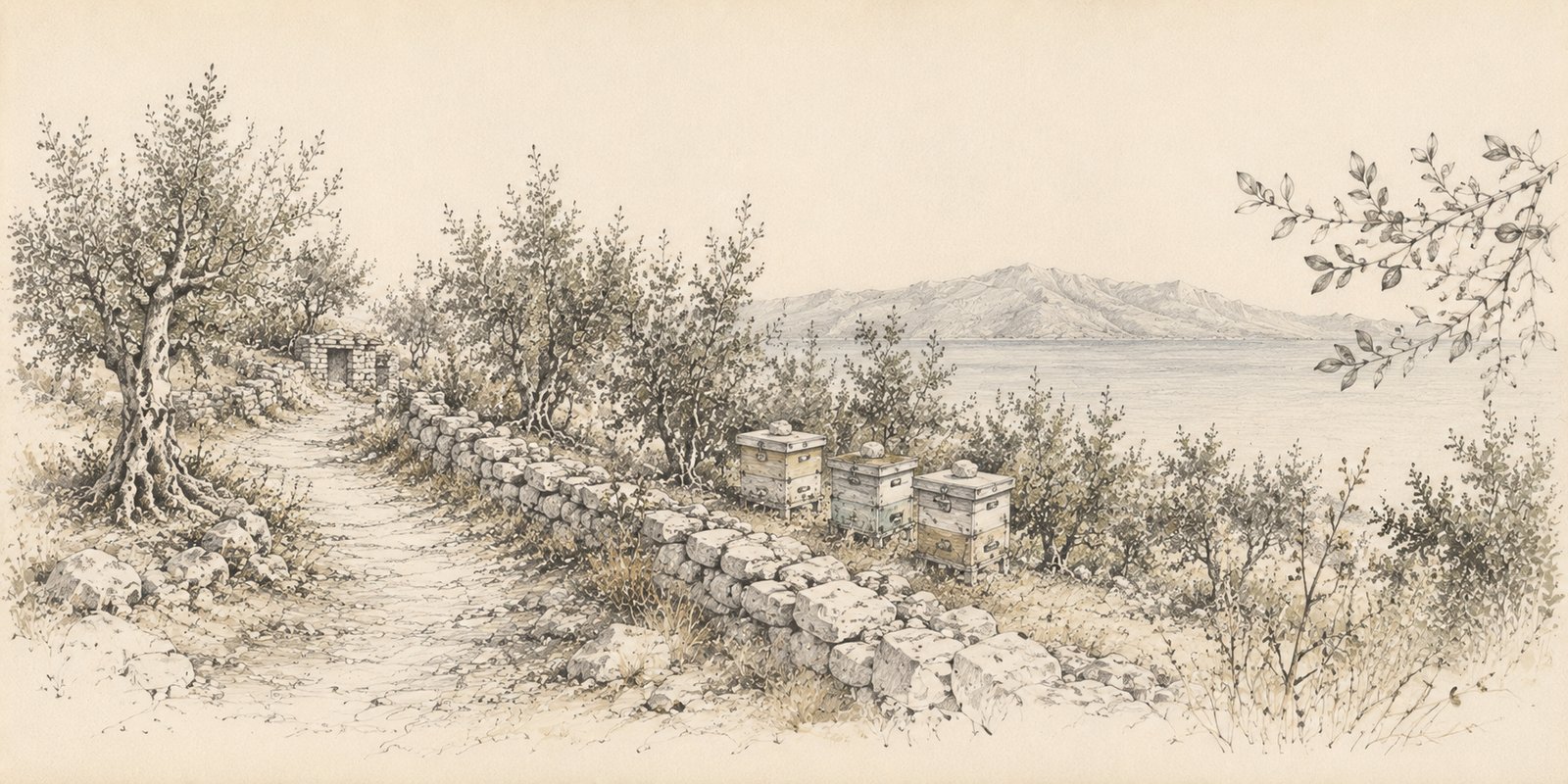 A hand-painted view of our family's land in Brist — olive trees, a dry-stone wall and beehives above the Adriatic