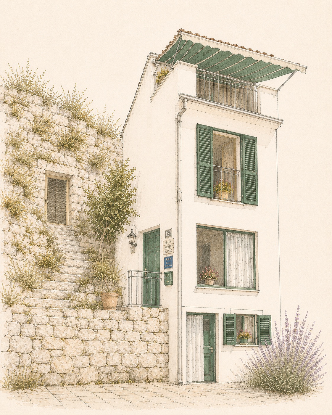 A hand-drawn illustration of the original Beach House Buinac in Brist in 2005 — a tall, narrow stone-and-white house with green shutters, a dry-stone wall and lavender