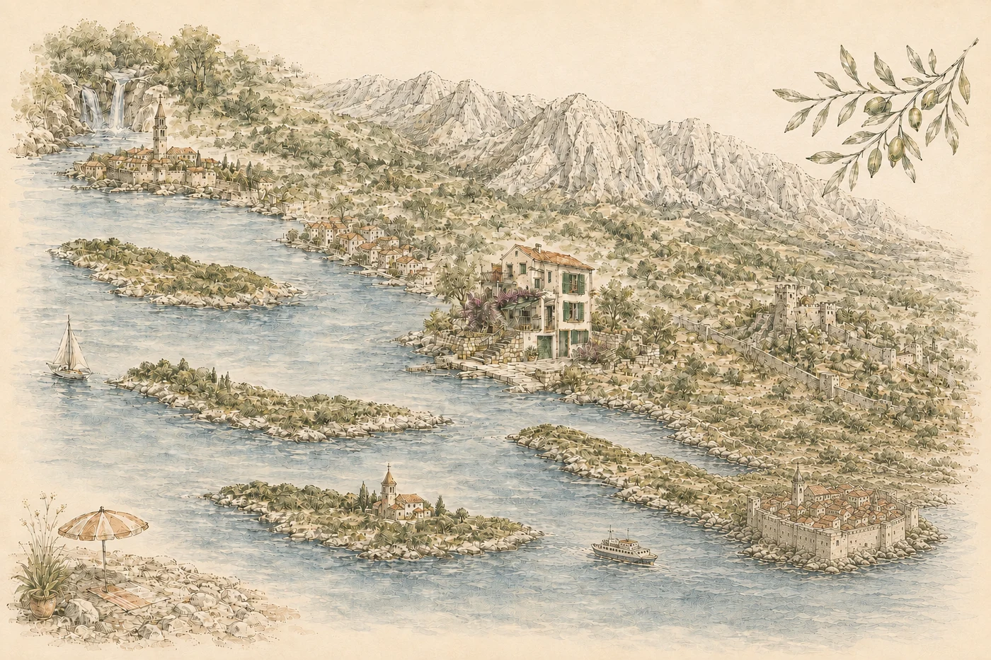Illustrated watercolour map of the Makarska Riviera, with Brist at the centre between Split and Dubrovnik