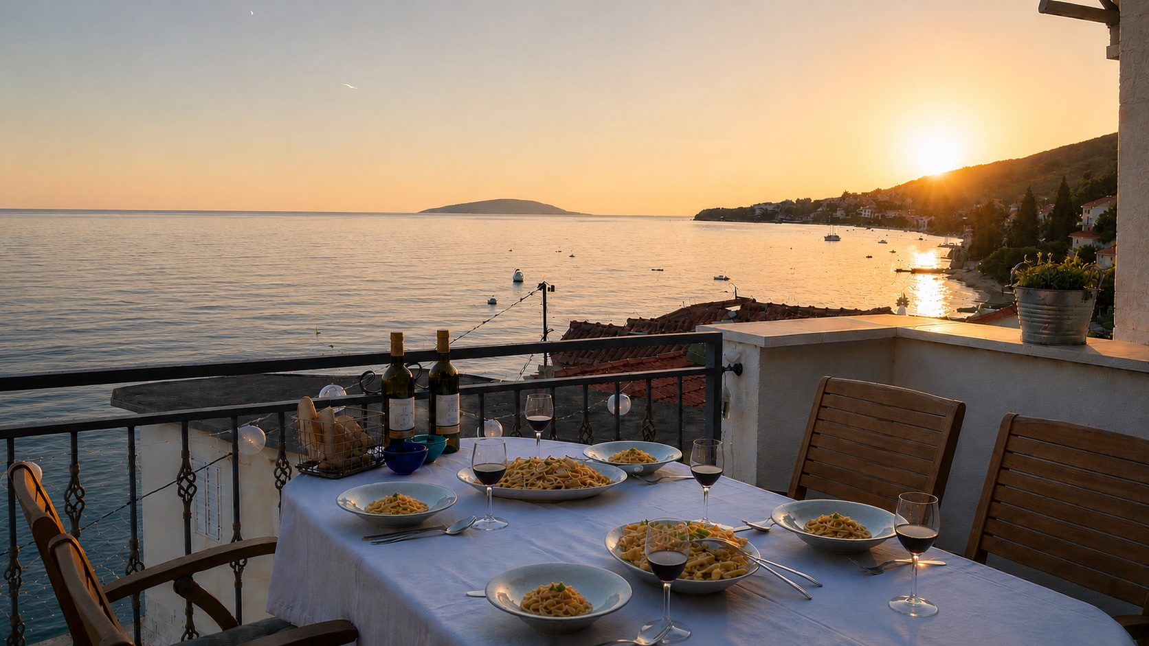 Sunset dinner on the terrace at Beach House Buinac overlooking the Adriatic in Brist, Croatia
