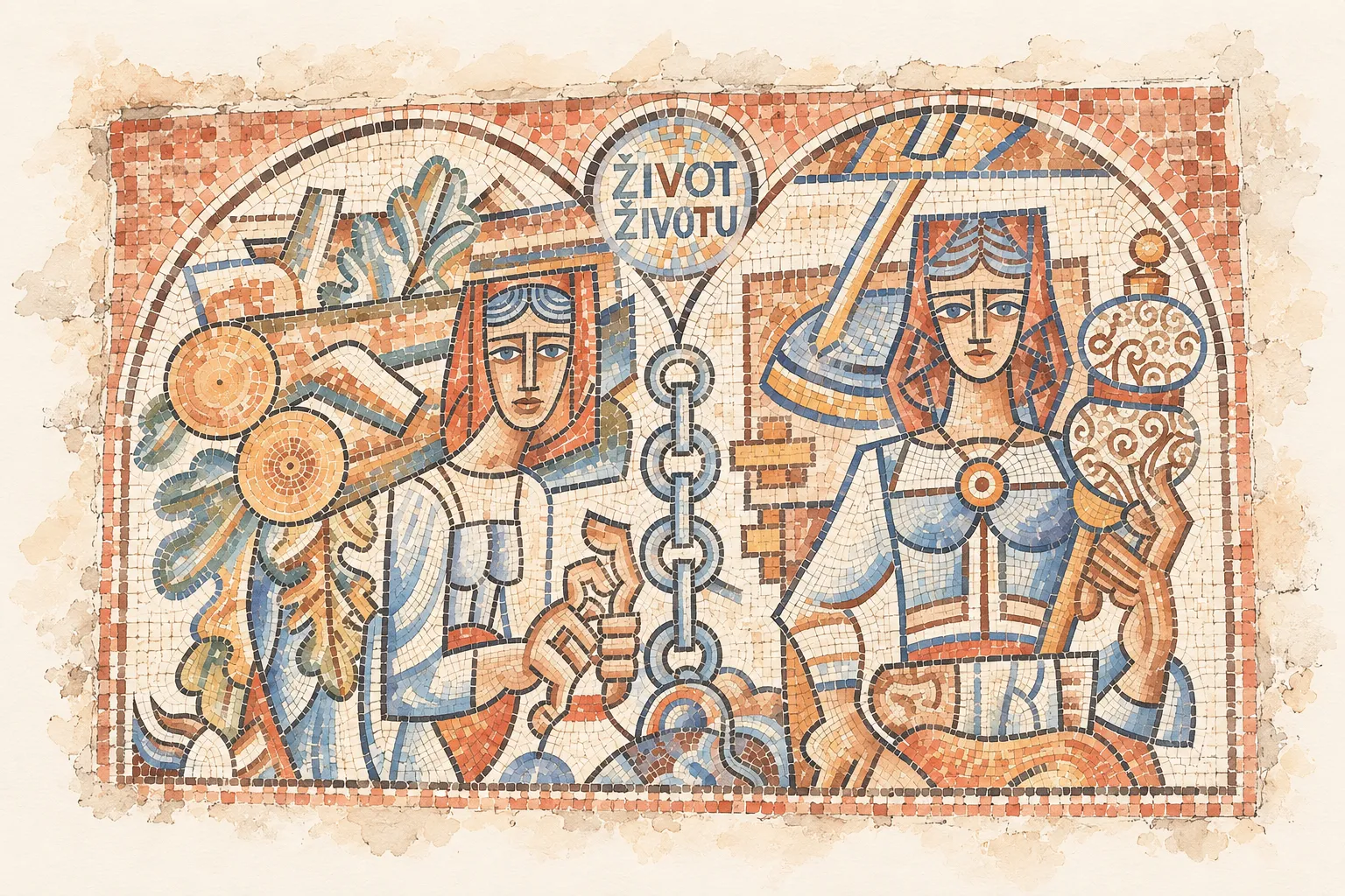 Illustration of Mladen Veža's mosaic Život životu in Brist: two tall figures carrying the work and harvest of village life, a chain between them and a medallion reading ŽIVOT ŽIVOTU.